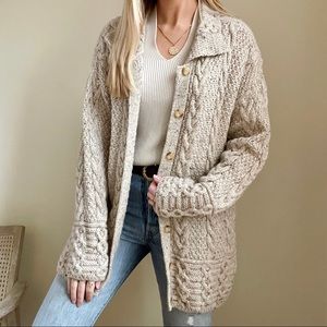 Vintage Cable Knit Speckled Longline Collared Cardigan Sweater in Beige